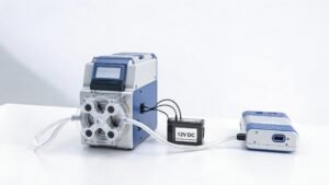 Compact 12V DC peristaltic pump with battery power supply for portable fluid dosing device