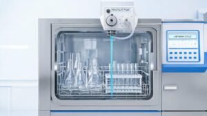 Laboratory glassware washing machine with integrated peristaltic pump for detergent dispensing