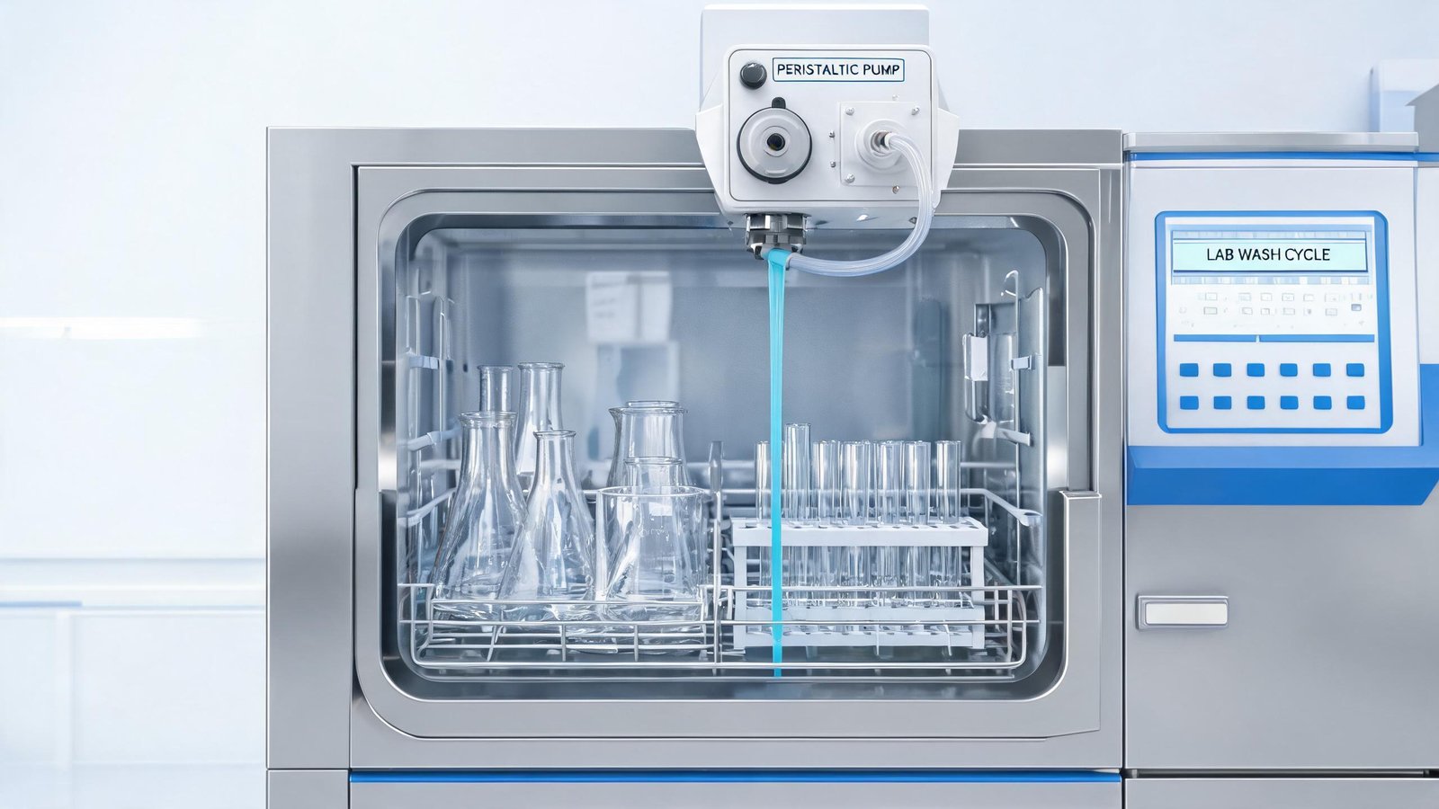 Laboratory glassware washing machine with integrated peristaltic pump for detergent dispensing