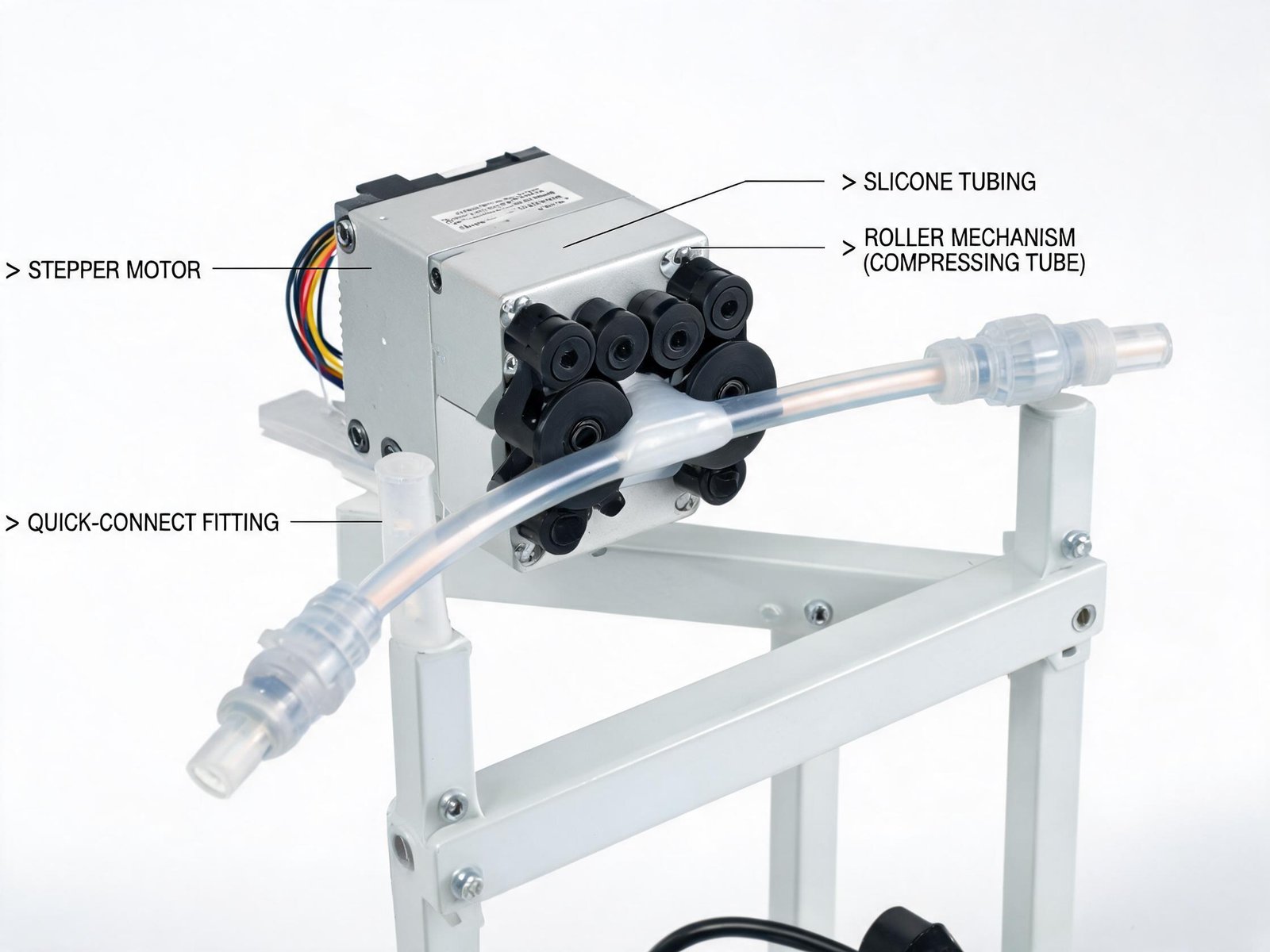 Compact peristaltic pump module with roller mechanism and silicone tubing for glassware washer integration