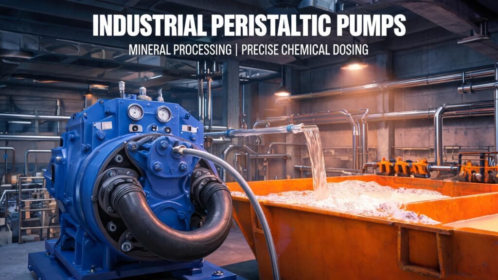 Industrial peristaltic hose pump for mining reagent dosing in mineral processing facility