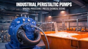 Industrial peristaltic hose pump for mining reagent dosing in mineral processing facility