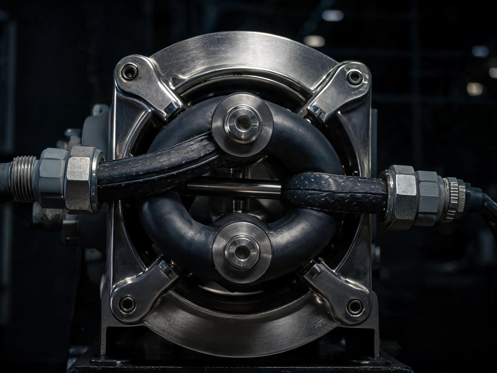 Heavy-duty peristaltic hose pump head showing roller mechanism and reinforced rubber hose for mining applications