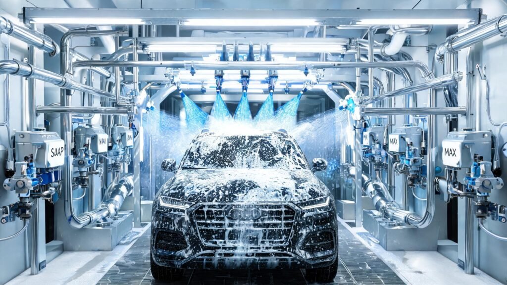 Automated car wash system with chemical dispensing pumps and spray arches applying soap and wax