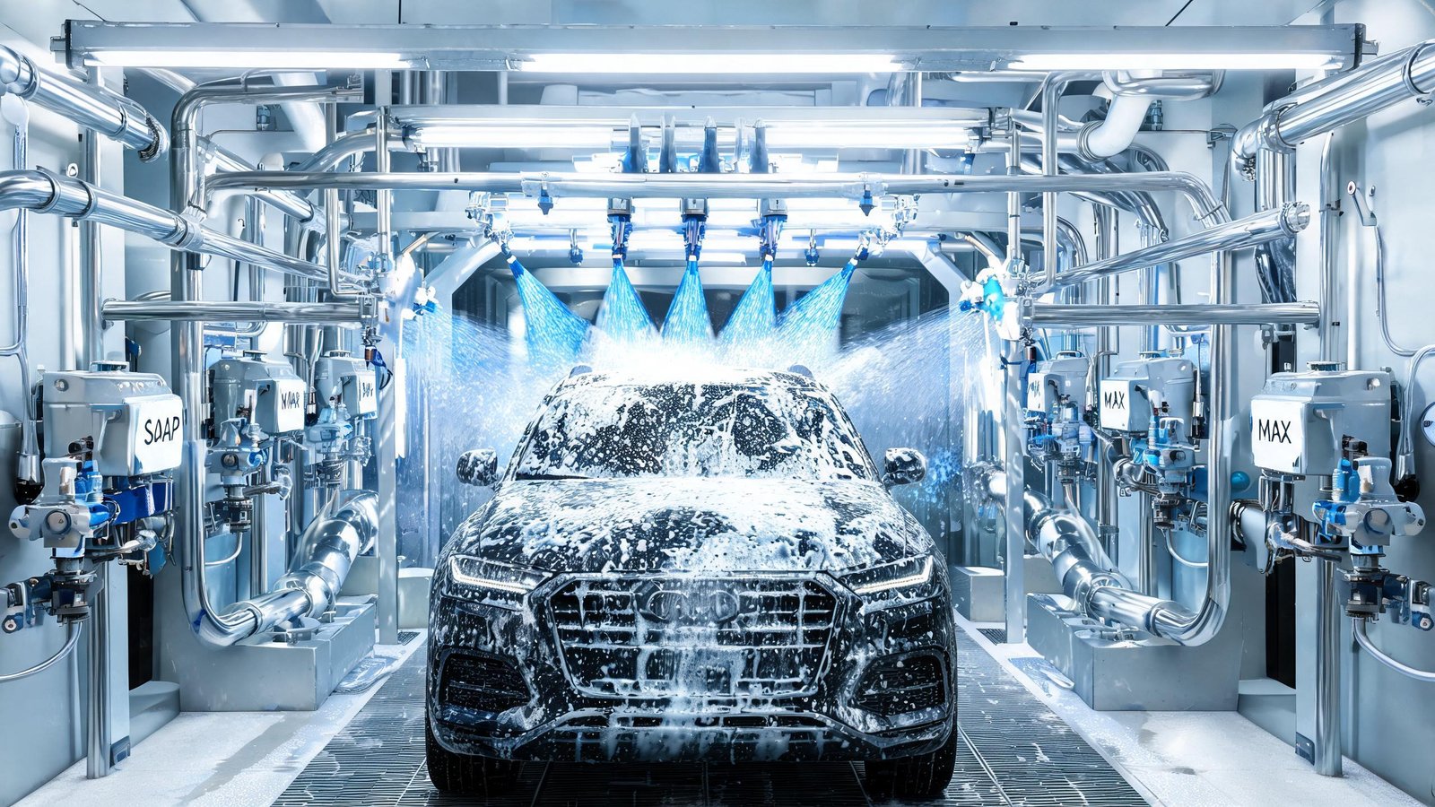 Automated car wash system with chemical dispensing pumps and spray arches applying soap and wax