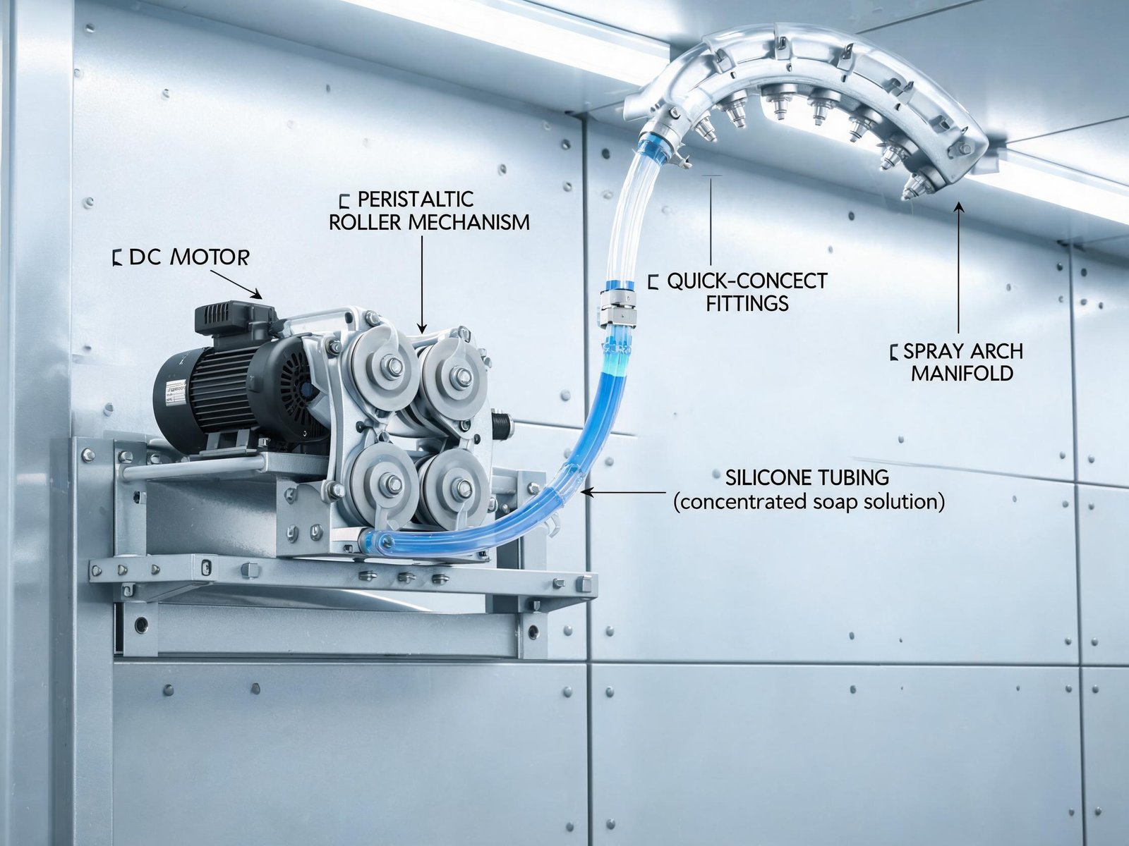 Compact DC motor peristaltic pump module with roller mechanism dispensing soap solution through silicone tubing
