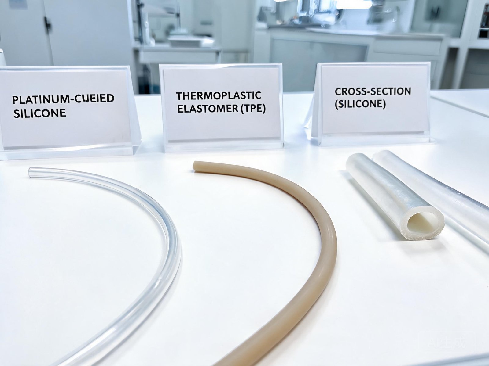 Bioprocess tubing materials comparison chart showing silicone, PharMed BPT, and thermoplastic elastomer options for bioreactor peristaltic pumps