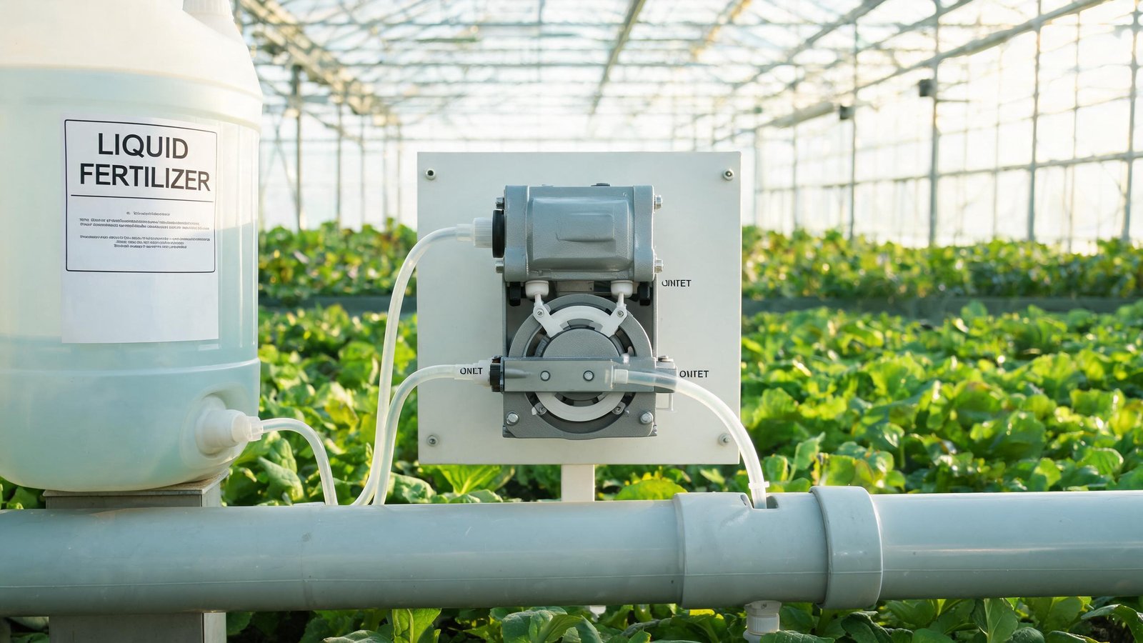 Peristaltic pump dosing system for agricultural fertilizer injection in irrigation pipeline