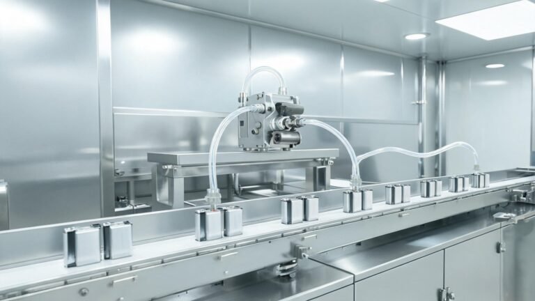 Peristaltic pump integrated into battery electrolyte filling station in a clean dry-room manufacturing environment