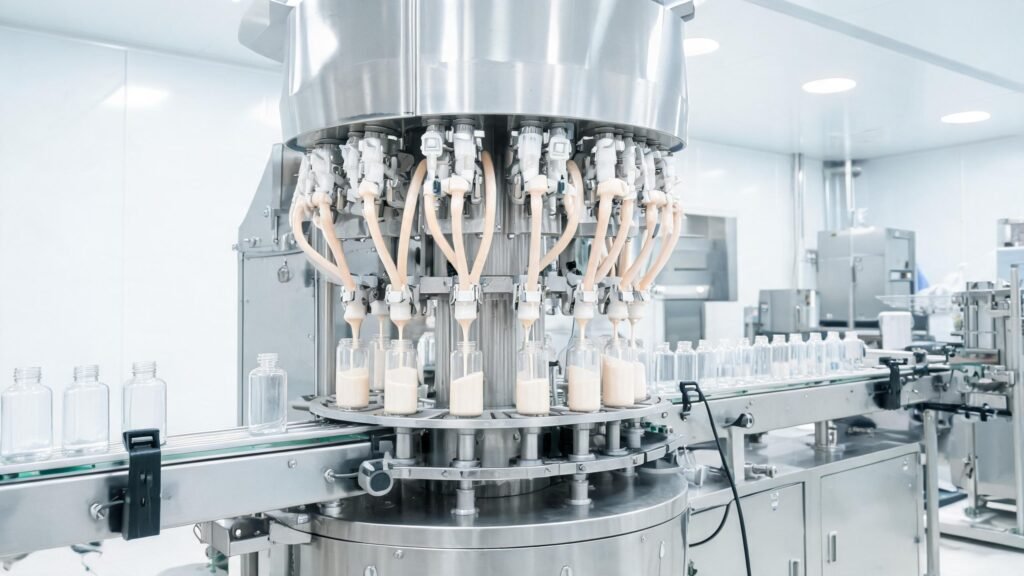 Peristaltic pump filling system for cosmetics manufacturing with lotion bottles