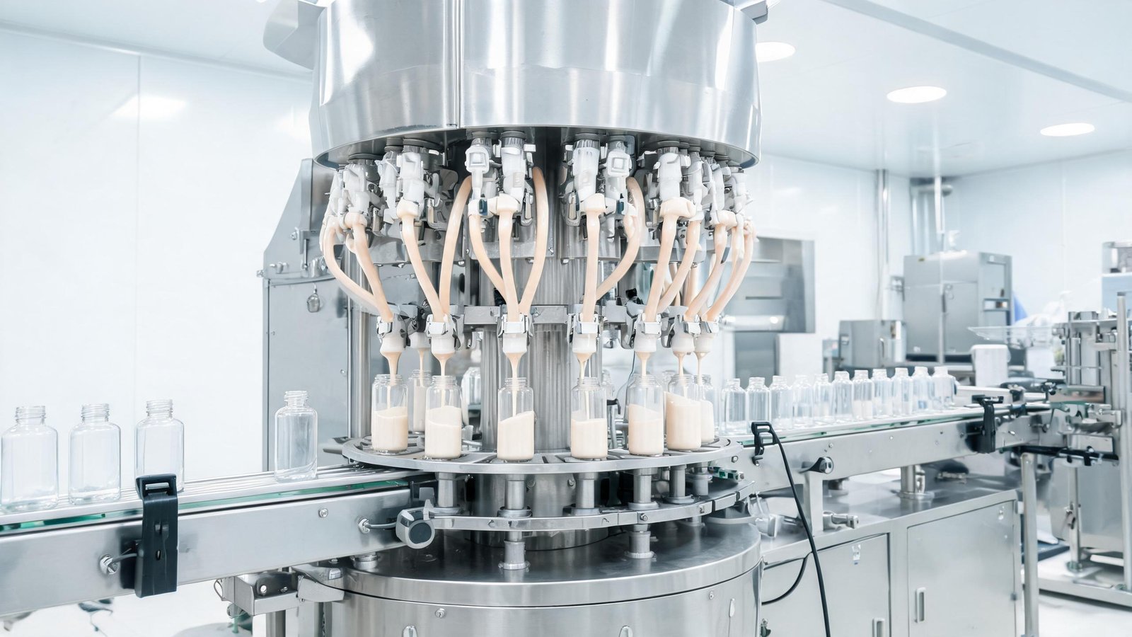Peristaltic pump filling system for cosmetics manufacturing with lotion bottles on a production line