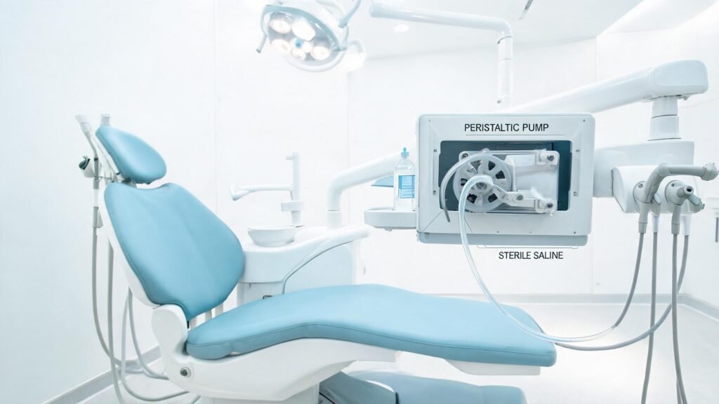 Compact peristaltic pump module integrated into a dental chair unit for irrigation