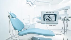 Compact peristaltic pump module integrated into a dental chair unit for irrigation