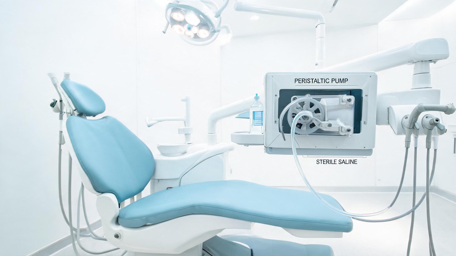 Compact peristaltic pump module integrated into a dental chair unit for irrigation and fluid delivery
