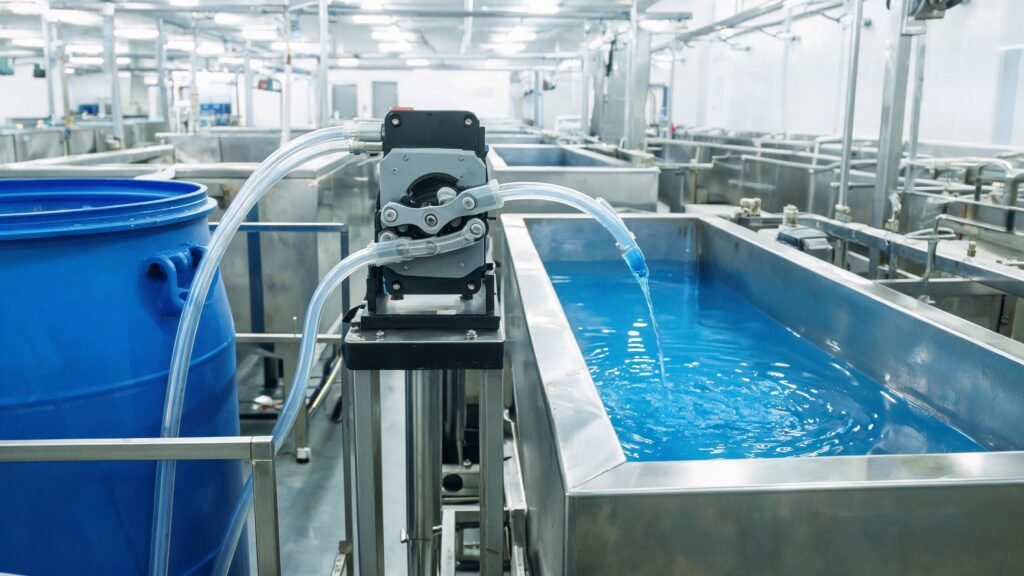 Peristaltic pump dosing chemicals into an electroplating bath in a surface finishing facility