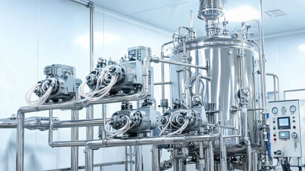 Peristaltic pump for industrial fermentation media transfer and pH control