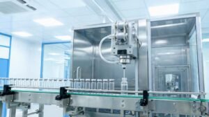Peristaltic pump in pharmaceutical aseptic filling line dispensing liquid into vials