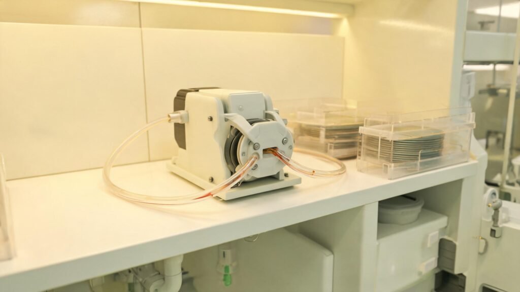 Peristaltic pump delivering chemicals in a semiconductor cleanroom manufacturing environment