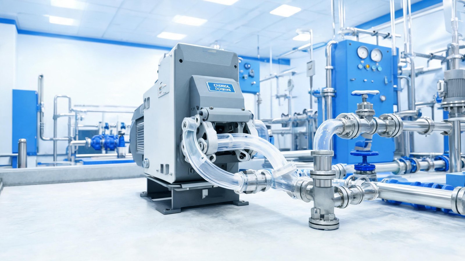Peristaltic pump installed in water treatment facility for chemical dosing