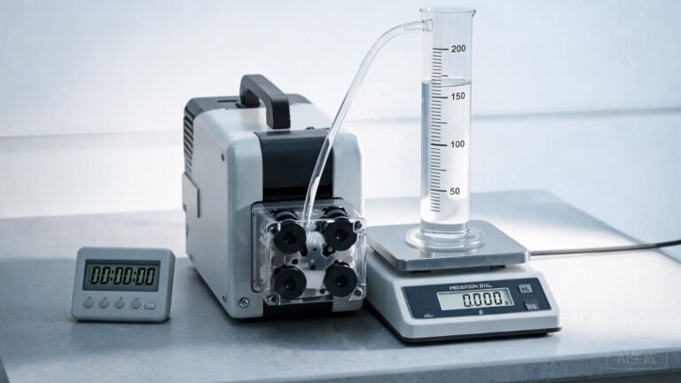 Engineering laboratory bench with peristaltic pump setup for flow rate calibration using graduated cylinder and precision scale