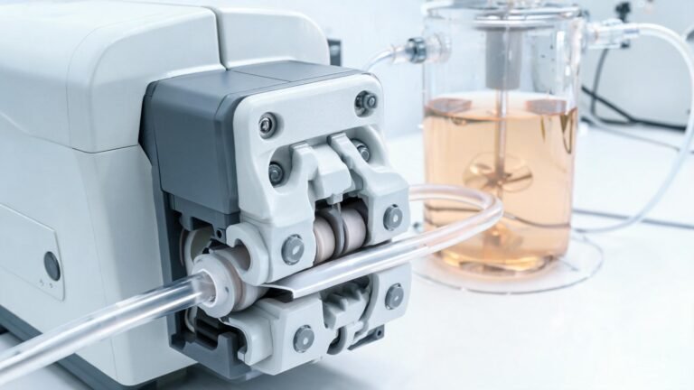 Peristaltic pump integrated into a benchtop bioreactor system for cell culture media transfer
