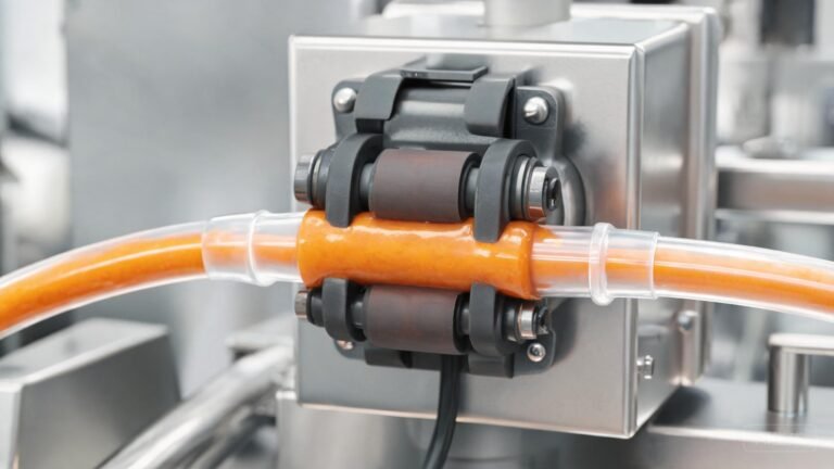 Peristaltic pump transferring viscous food product through transparent tubing in a food processing line