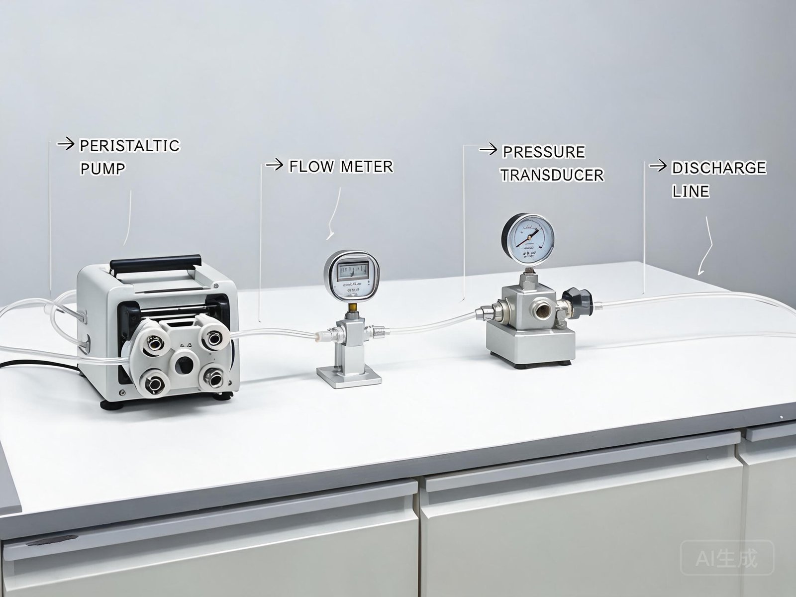 Engineering diagnostic setup for measuring peristaltic pump flow pulsation with pressure transducer and flow meter
