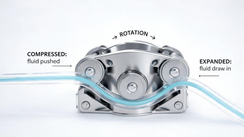 Peristaltic pump roller mechanism compressing silicone tubing showing flow pulsation pattern