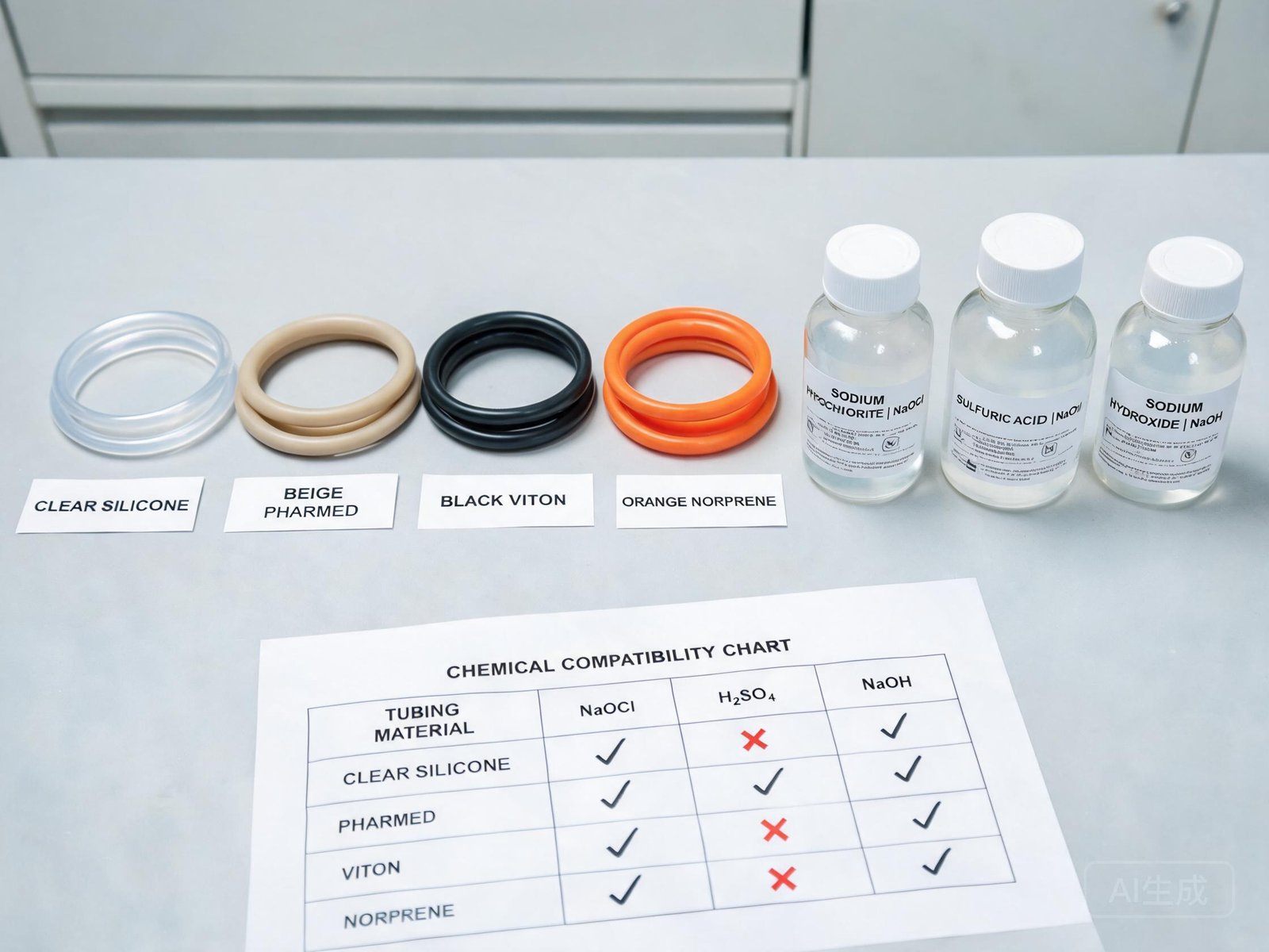 Engineering workbench with peristaltic pump tubing samples and chemical compatibility reference chart