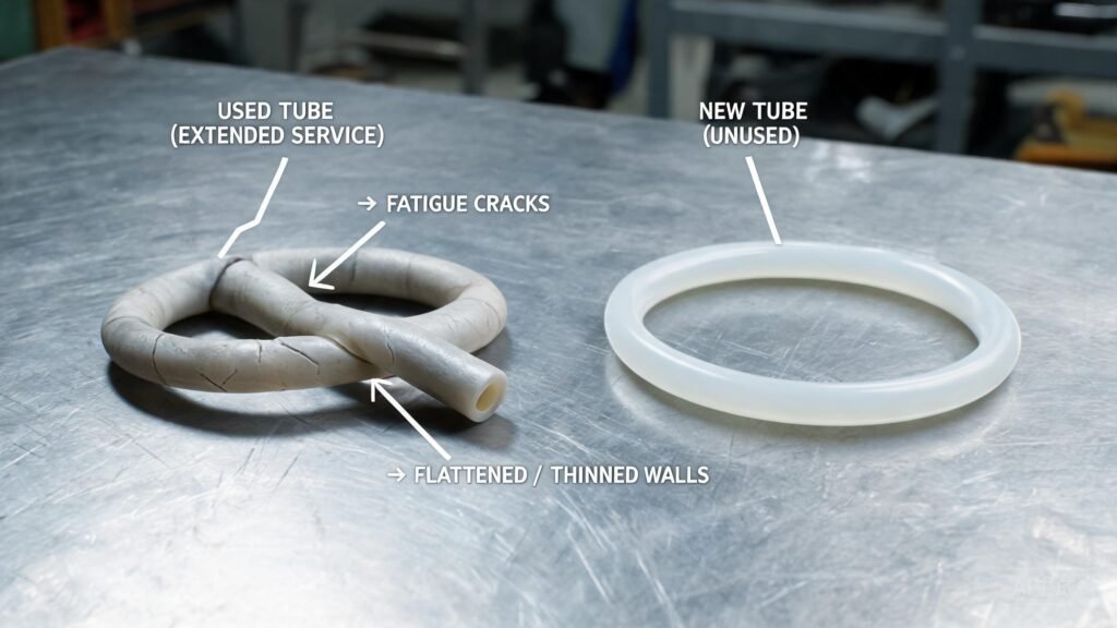 Worn peristaltic pump tubing showing fatigue cracks and wall thinning after extended service, with a new tube section for comparison