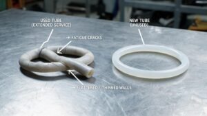 Worn peristaltic pump tubing showing fatigue cracks and wall thinning after extended service, with a new tube section for comparison