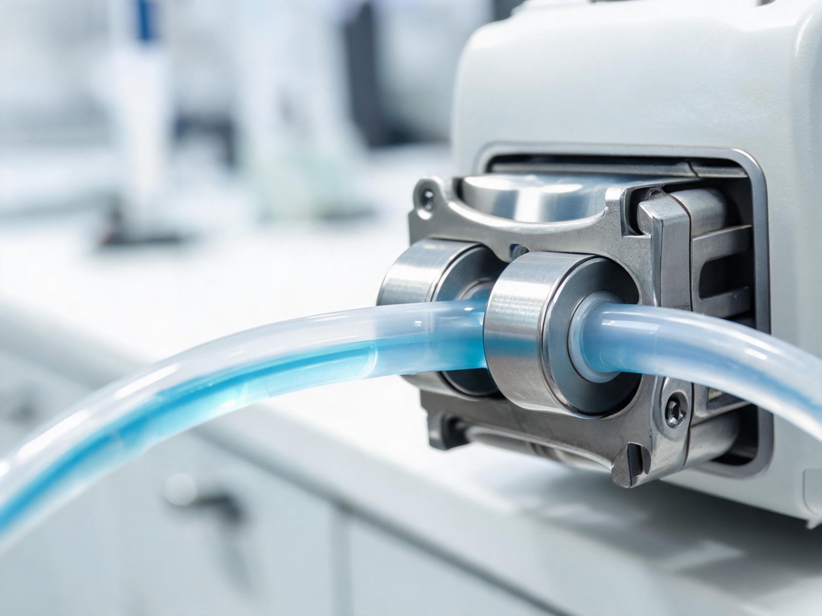 Peristaltic pump tubing detail in laboratory liquid handling equipment
