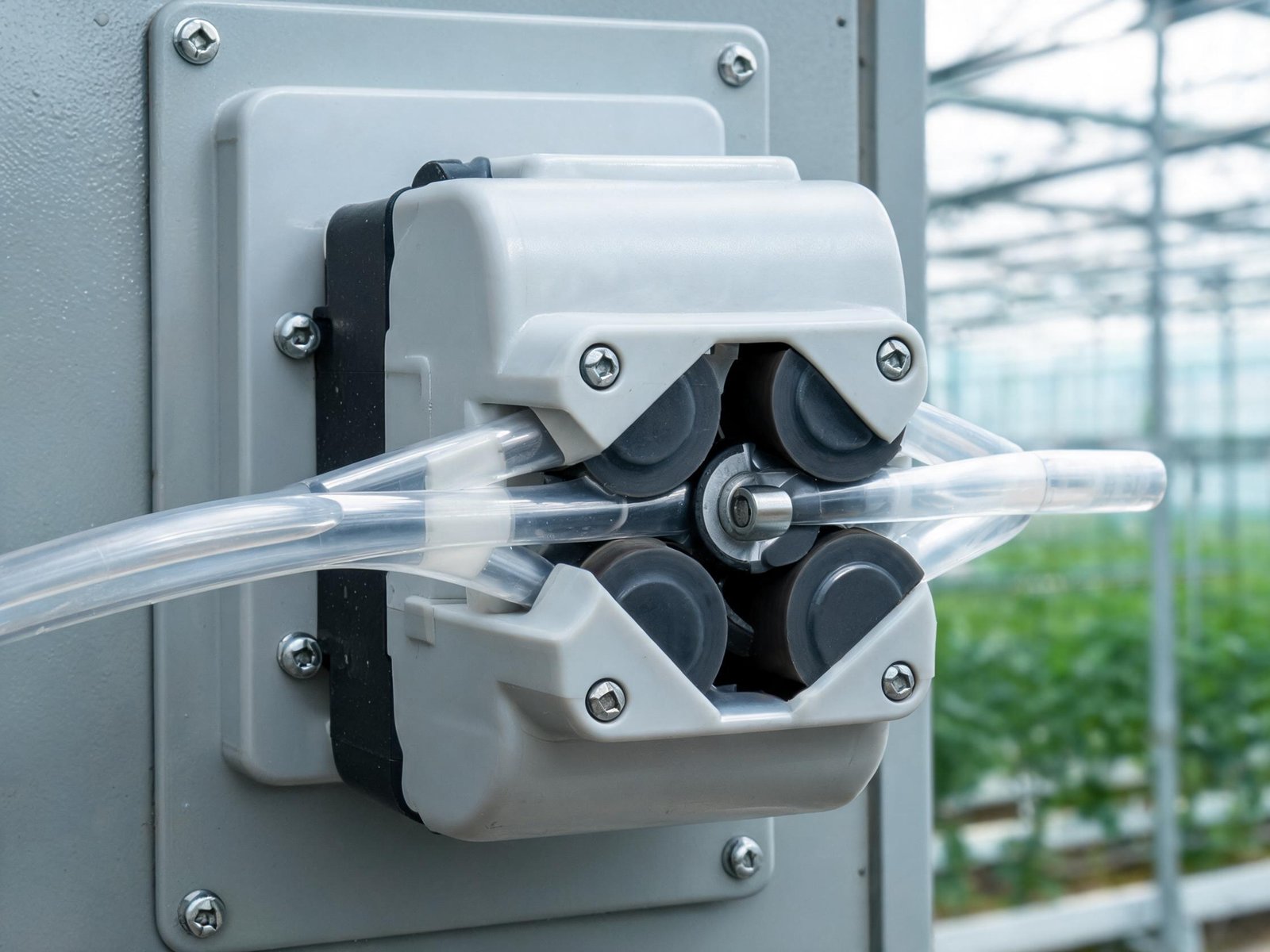 Close-up of peristaltic pump head with tubing showing roller mechanism for agricultural nutrient dosing