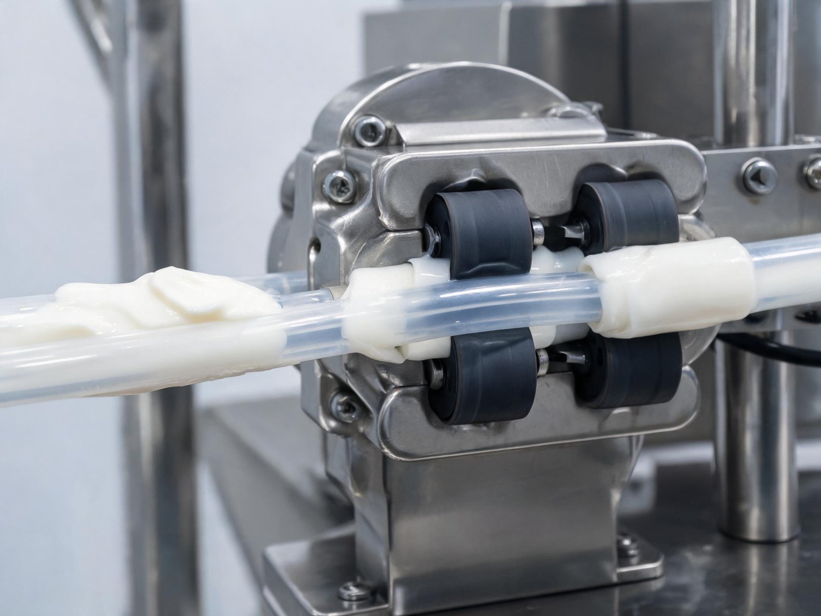 Close-up of peristaltic pump head with tubing handling viscous cosmetic cream