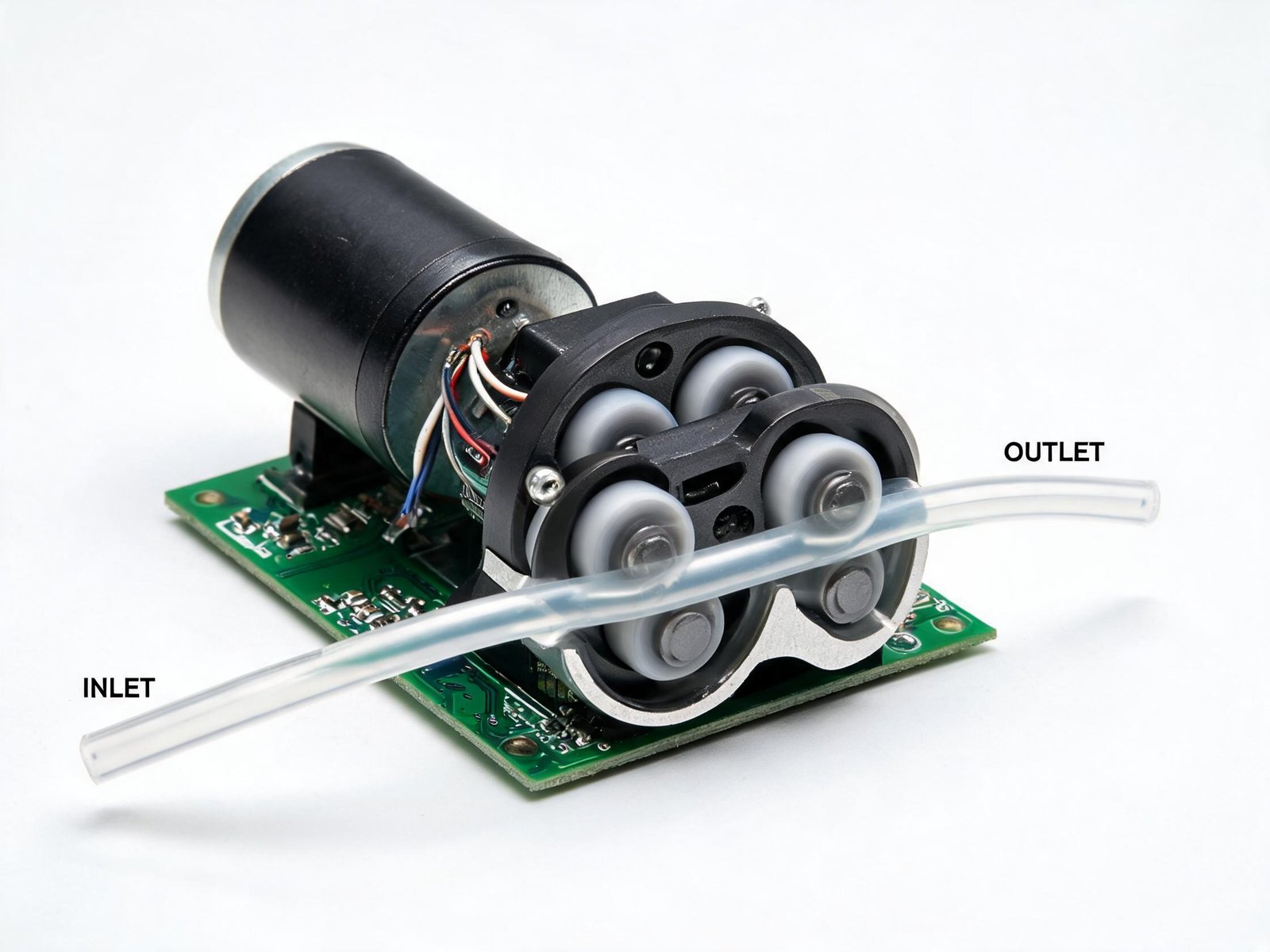 Close-up of compact peristaltic pump module designed for dental equipment integration