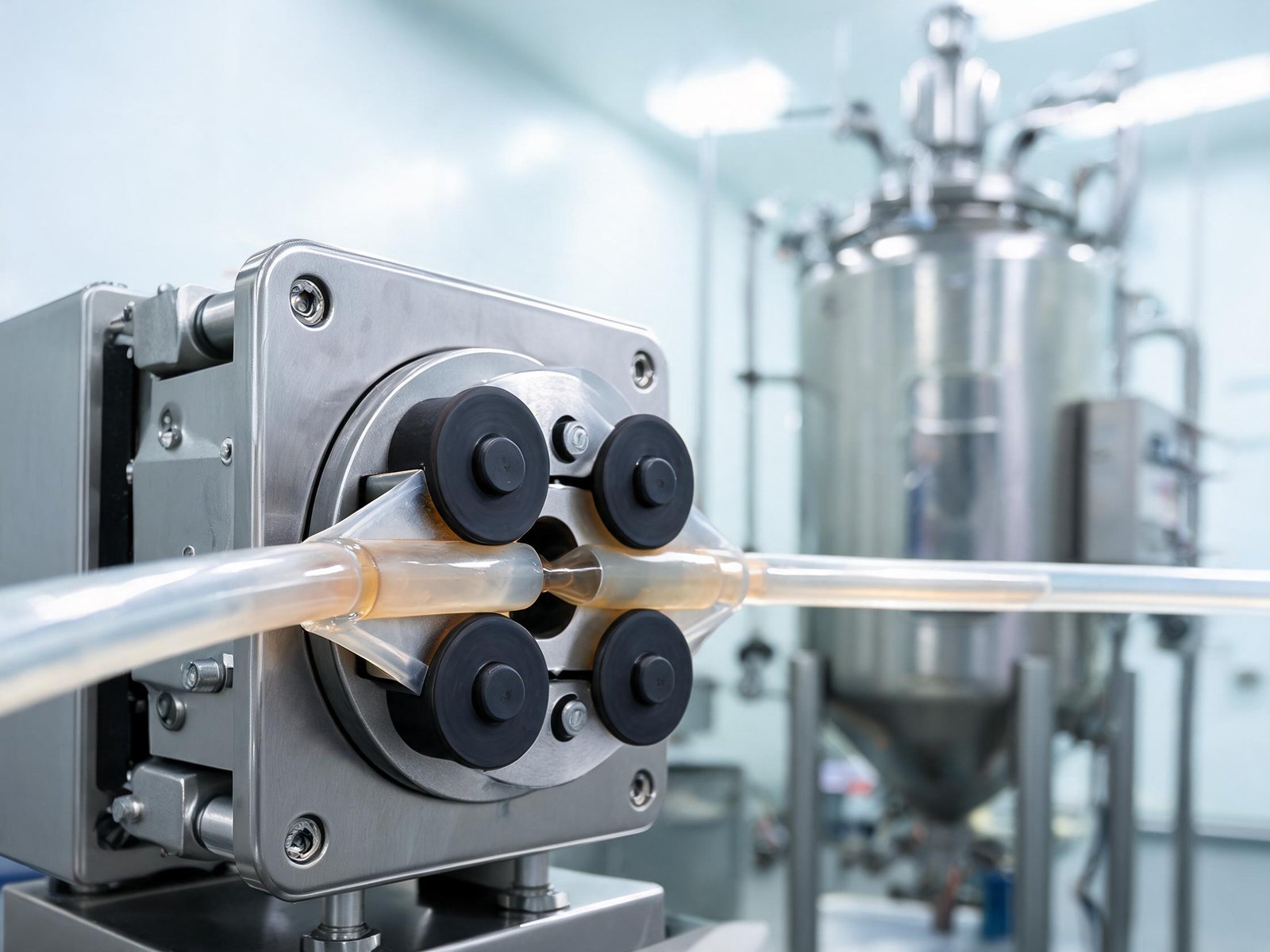 Peristaltic pump rollers and tubing in fermentation facility