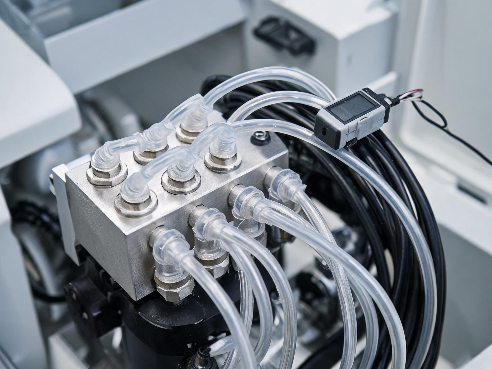 Peristaltic pump tubing manifold and fittings in an OEM instrument fluid path
