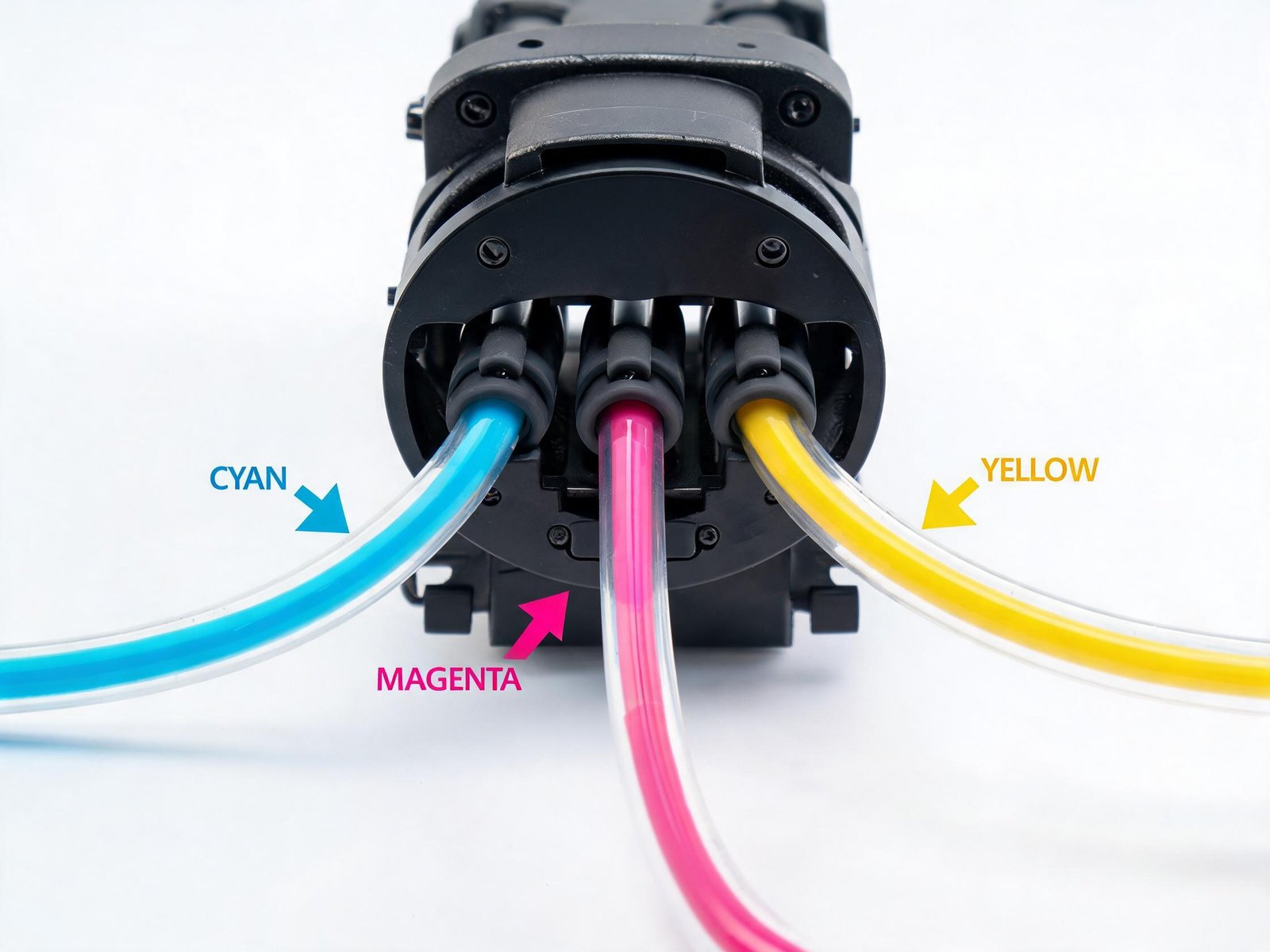 Colored printing ink flowing through peristaltic pump tubing showing material compatibility