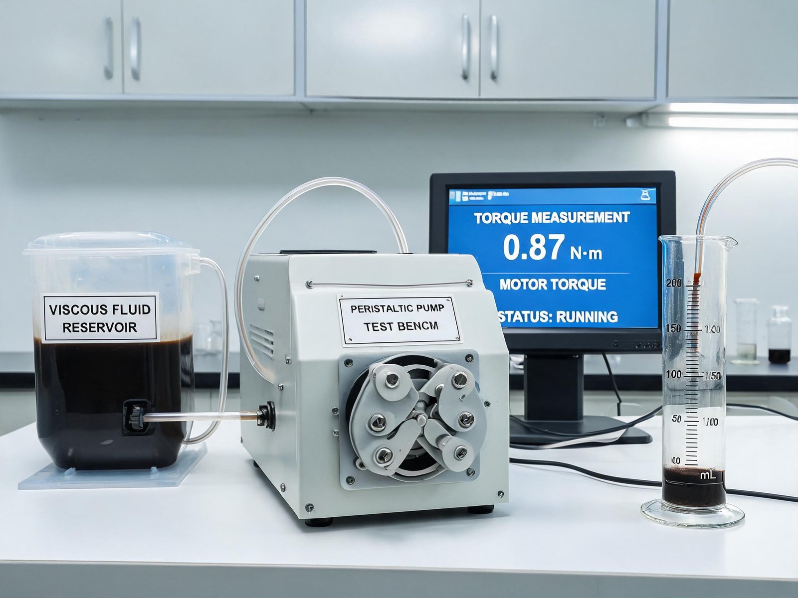 OEM peristaltic pump torque testing setup for viscous fluid dosing accuracy