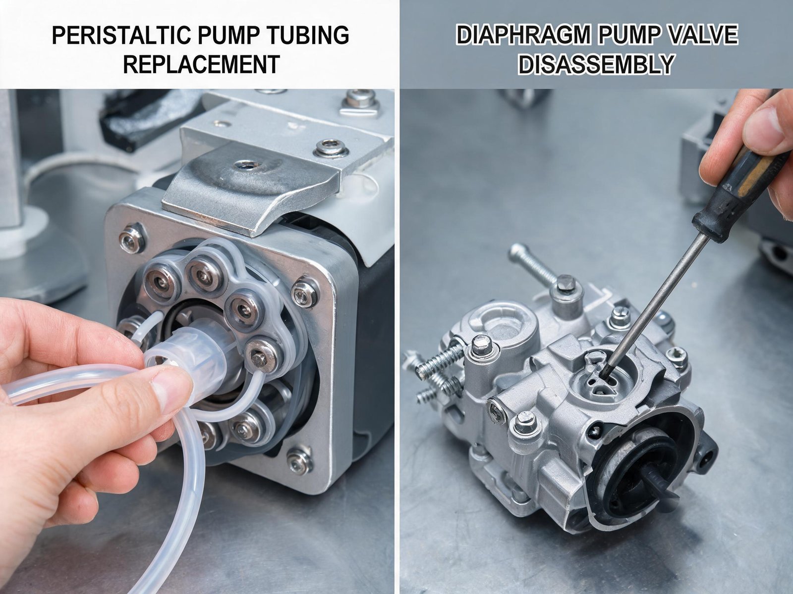 Comparison of peristaltic pump tubing replacement and diaphragm pump valve maintenance