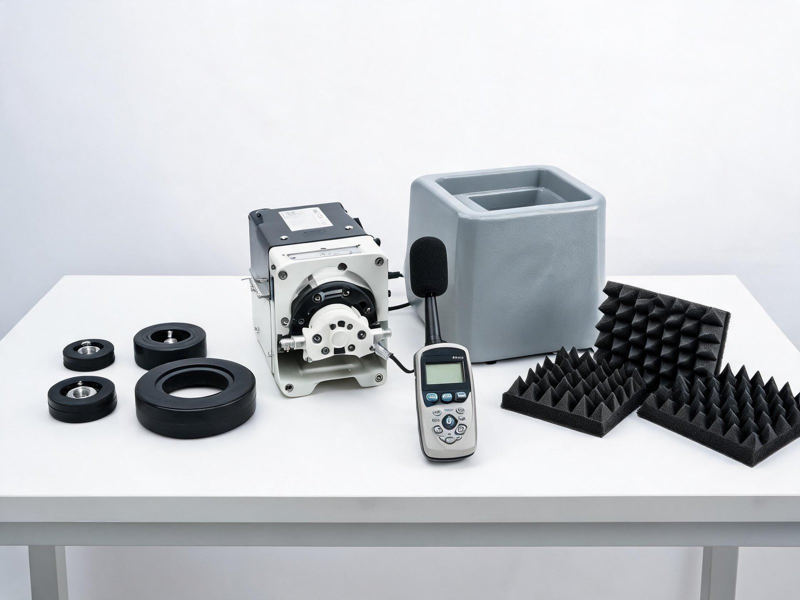 Peristaltic pump noise isolation with rubber mounts and acoustic enclosure for OEM equipment