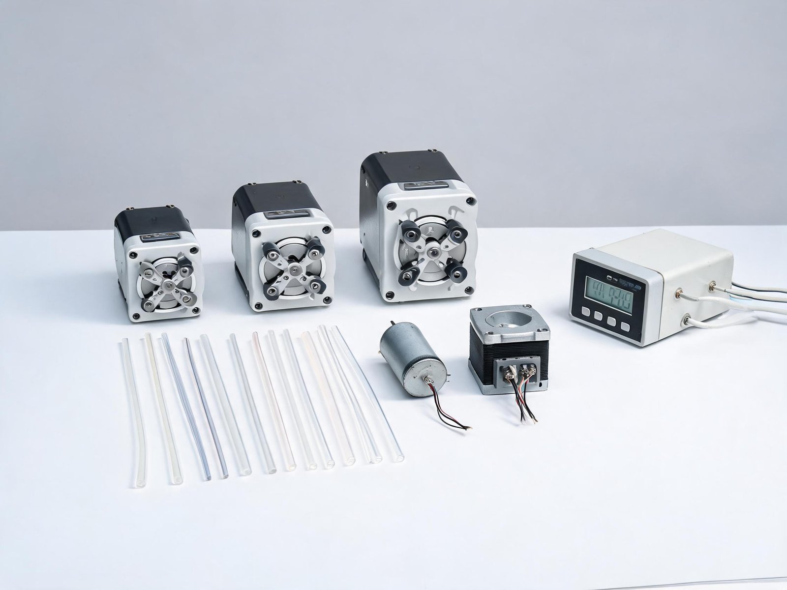Peristaltic pump selection for water sampling equipment showing pump head tubing and motor options