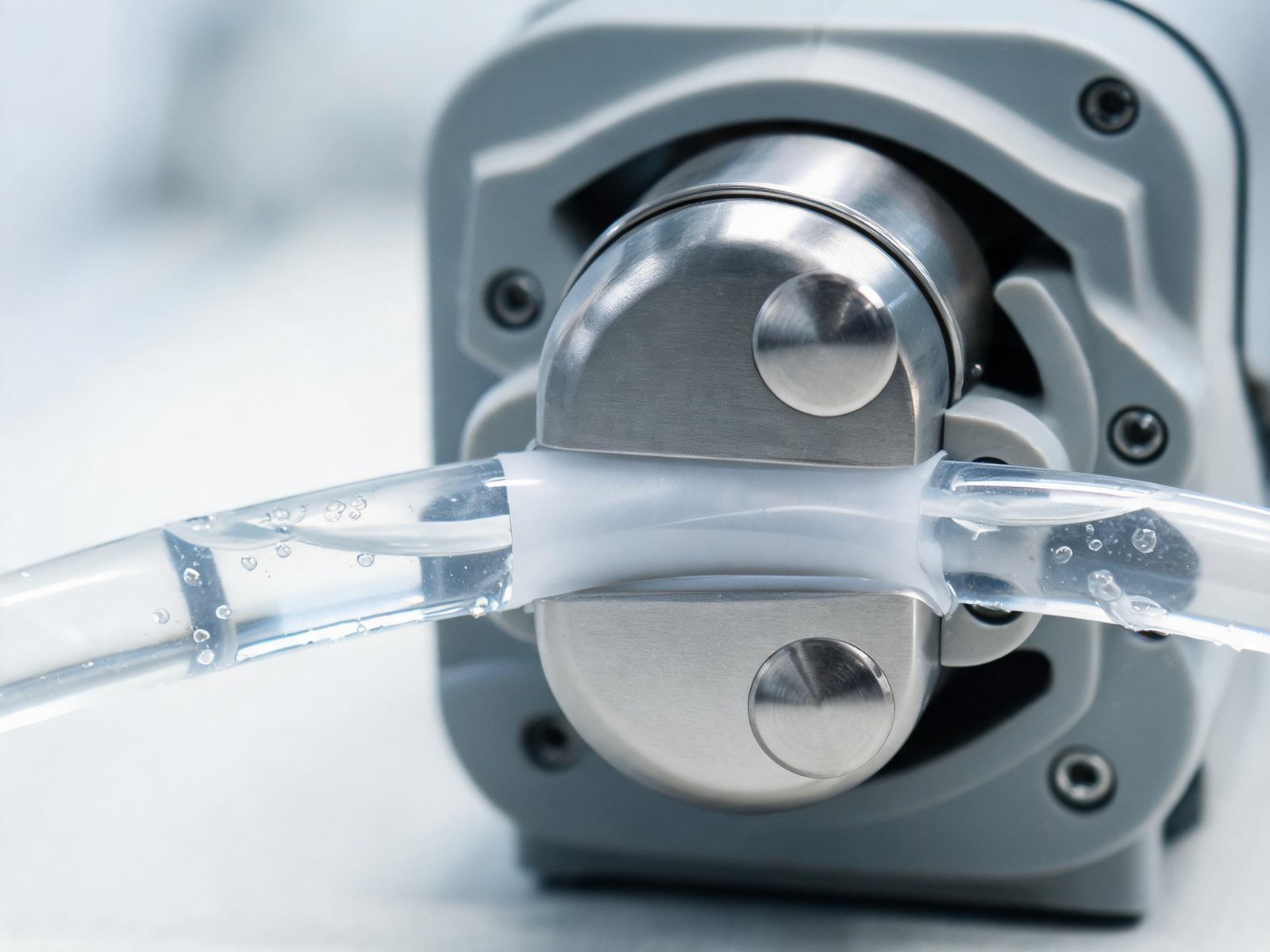 Close-up of peristaltic pump tubing and rollers in water treatment application