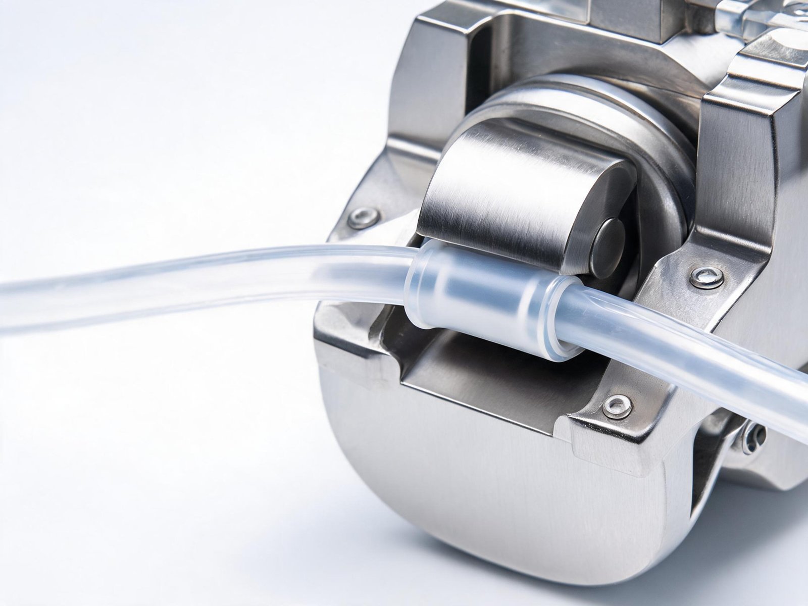 Close-up of peristaltic pump tubing compression mechanism in pharmaceutical filling application