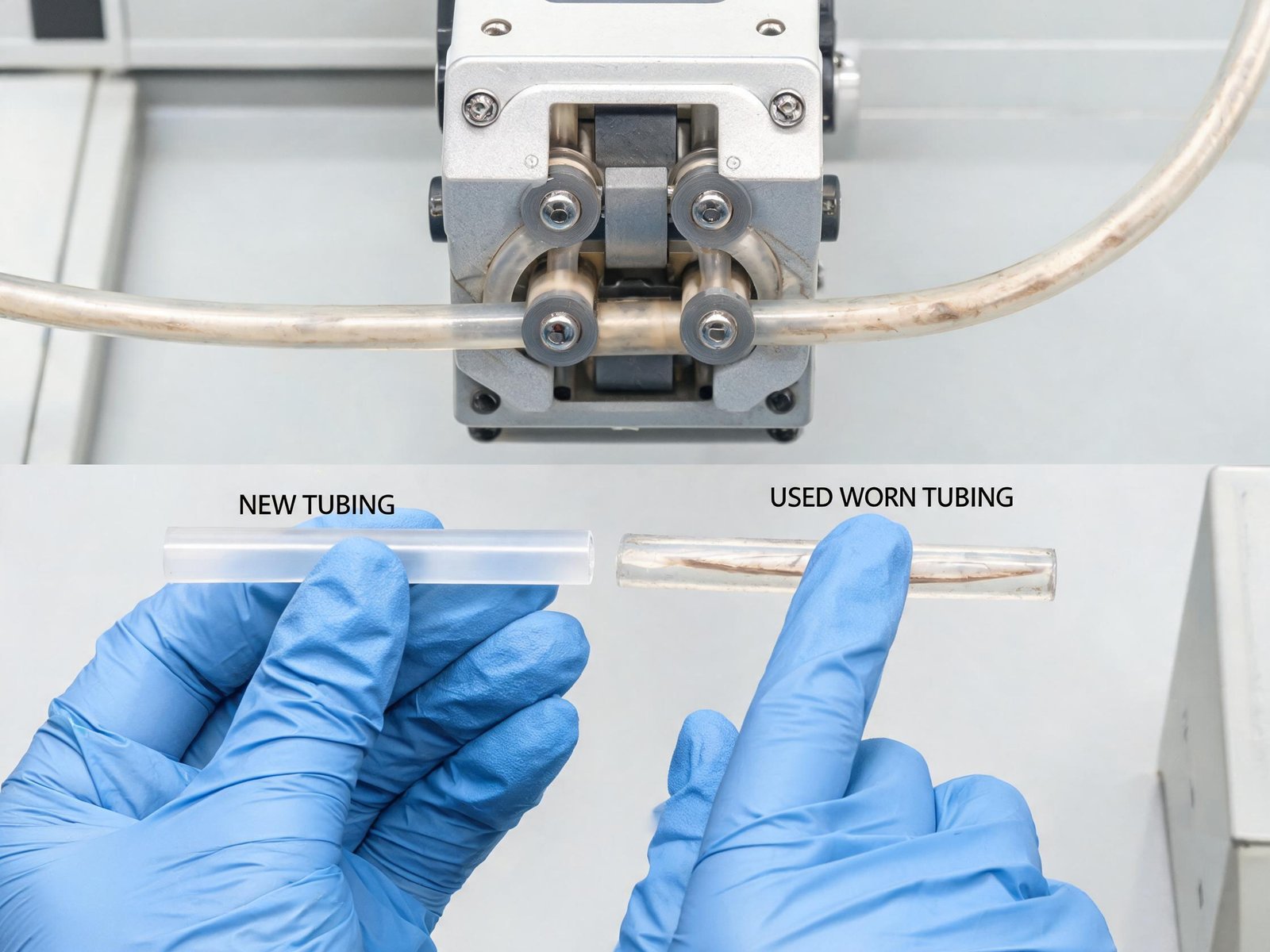Peristaltic pump tubing wear diagnosis showing roller track fatigue and wall thinning