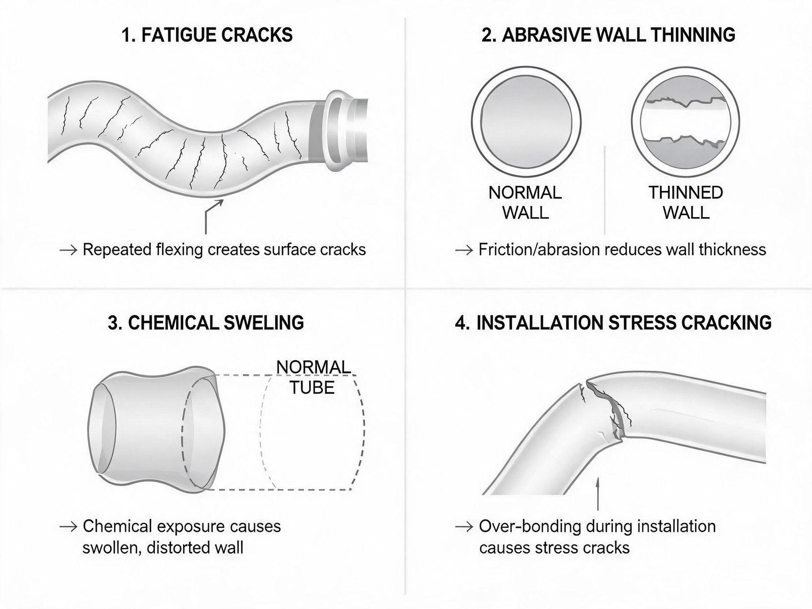 Diagnostic chart showing peristaltic pump tubing failure modes: fatigue cracks, abrasive wear patterns, chemical swelling, and installation stress points