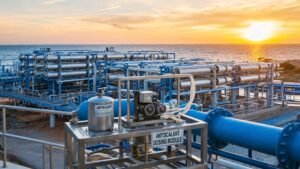 Seawater desalination reverse osmosis plant with chemical dosing skid for antiscalant injection