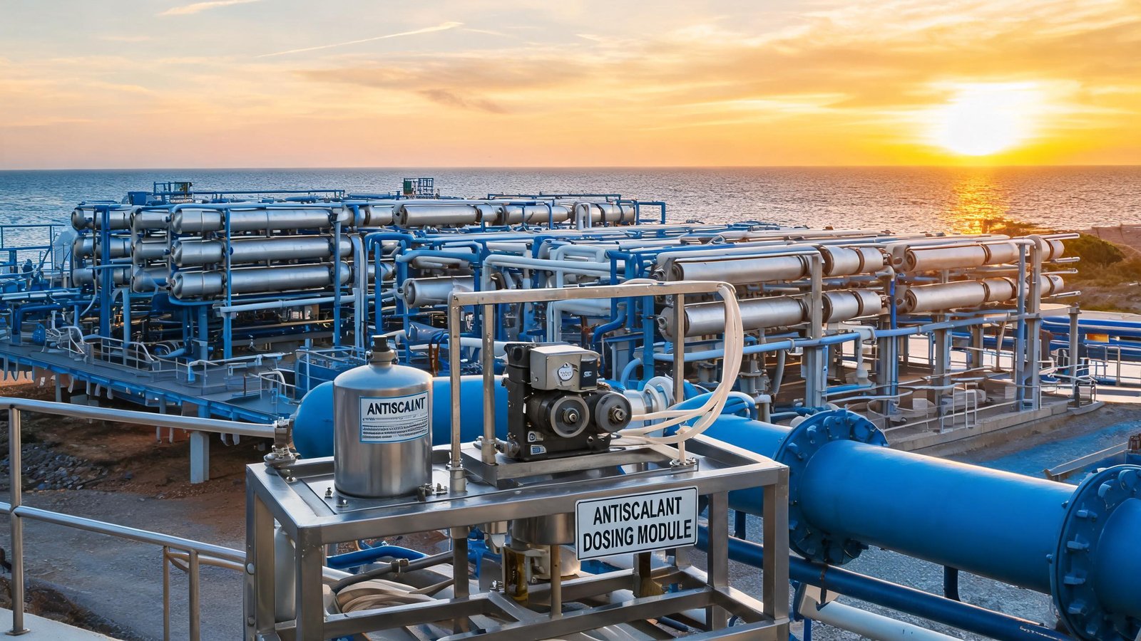 Seawater desalination reverse osmosis plant with chemical dosing skid for antiscalant injection
