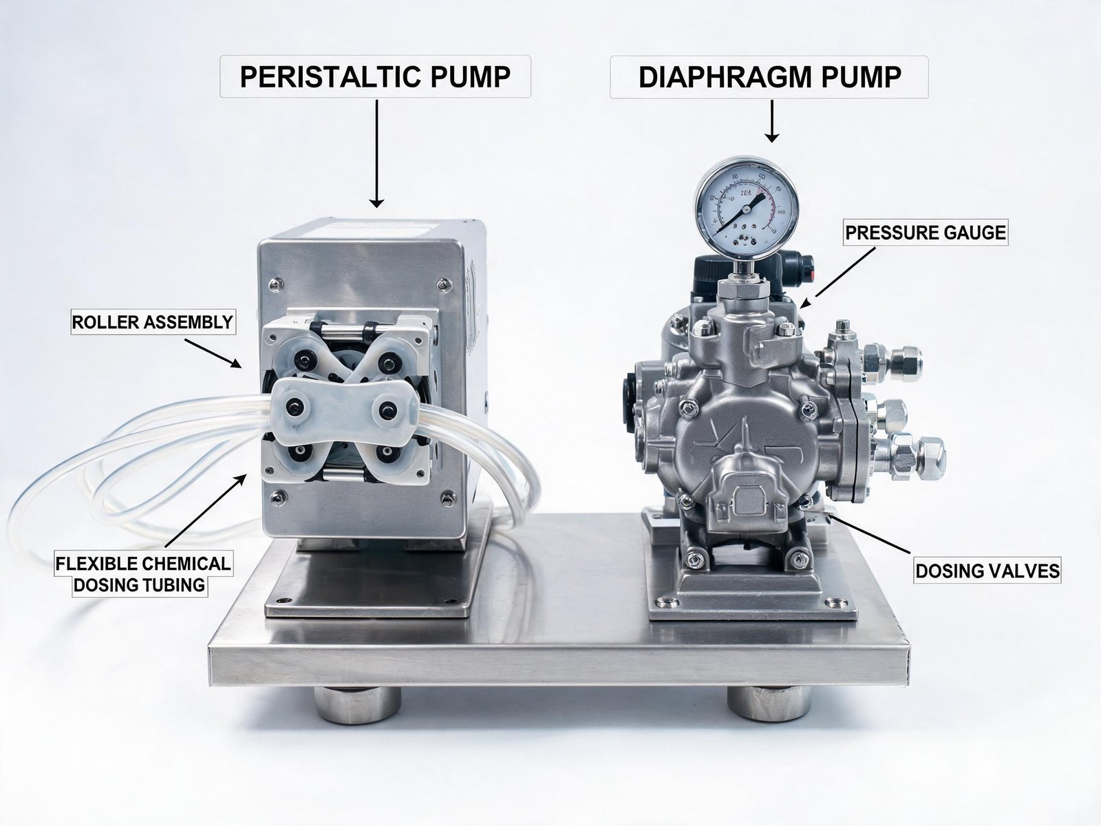 Side-by-side comparison of peristaltic pump and diaphragm pump for desalination chemical dosing