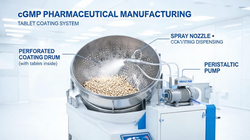Pharmaceutical tablet coating pan machine with peristaltic pump for coating solution dispensing in cGMP facility